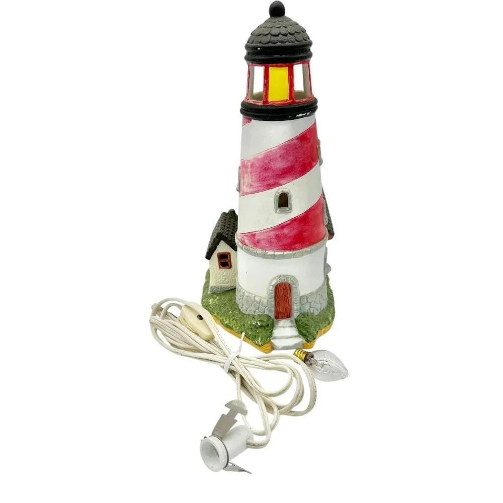 Lighthouse With Cottage Table Lamp Decoration With Lightbulb and Switch 10 x 8